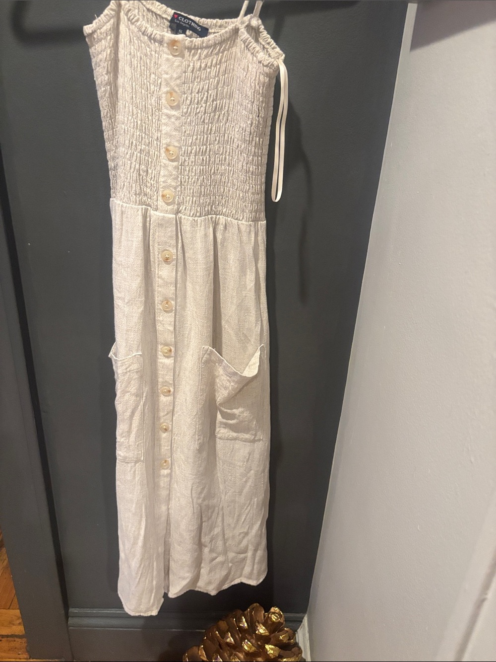 Cream Maxi Smocked Button-Front Dress with Pockets